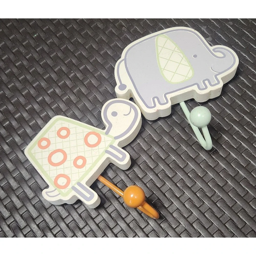 Set of 2 Kids Animal Wall Hooks – Elephant & Turtle Nursery Decor